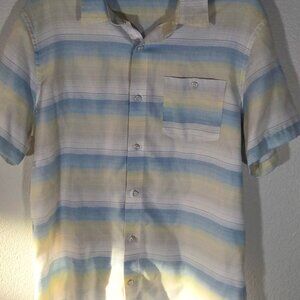 Travis Mathew Men's Short Sleeve White/Blue/Yellow Striped Button Up Shirt